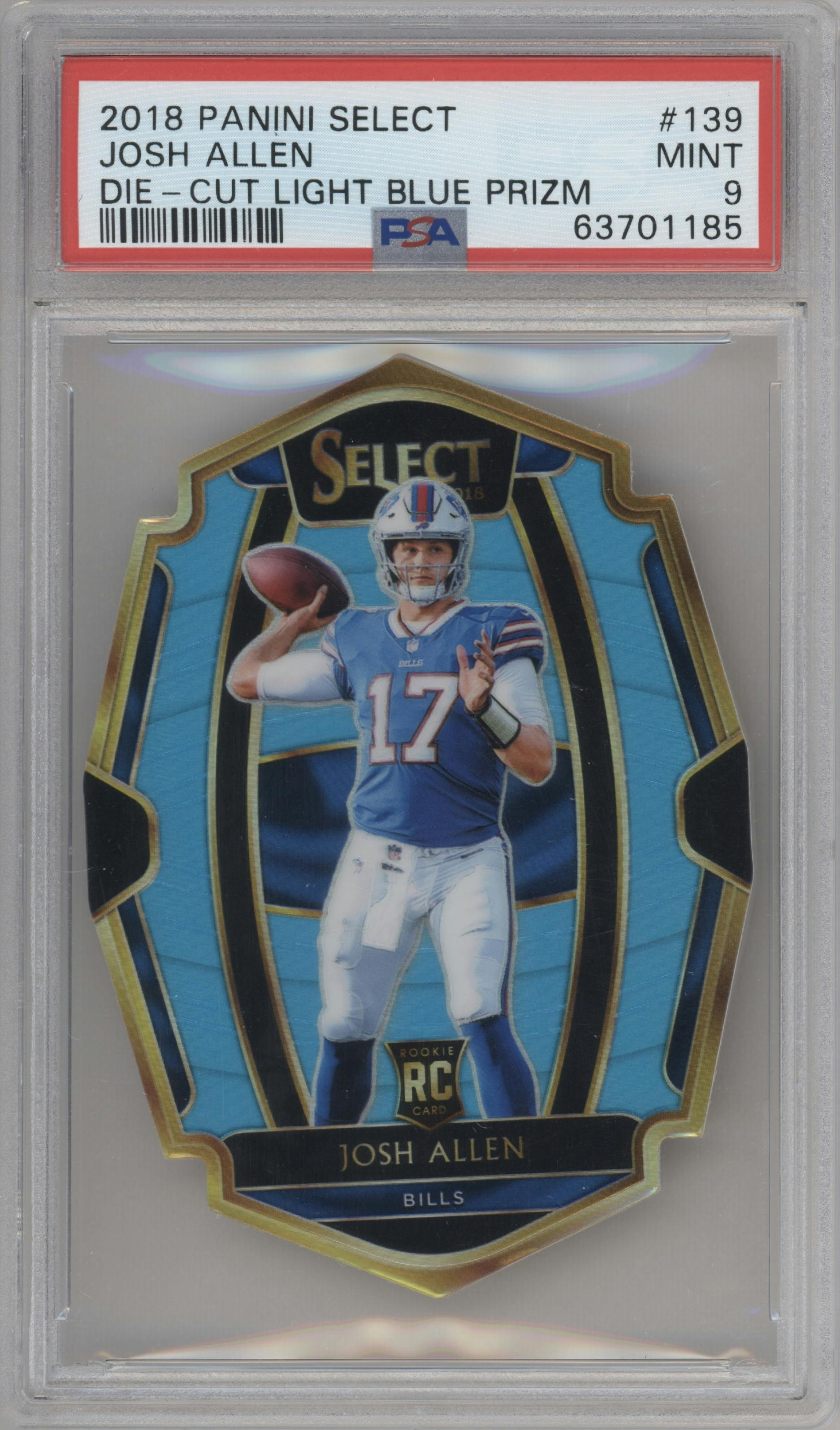 Josh Allen from the 2018 Panini Select set featuring a Die-Cut Light Blue Prizm  parallel graded by PSA and given an overall grade of 9.