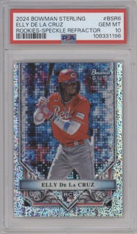 Elly De La Cruz from the 2024 Bowman Sterling set featuring a Speckle parallel graded by PSA and given an overall grade of 10.