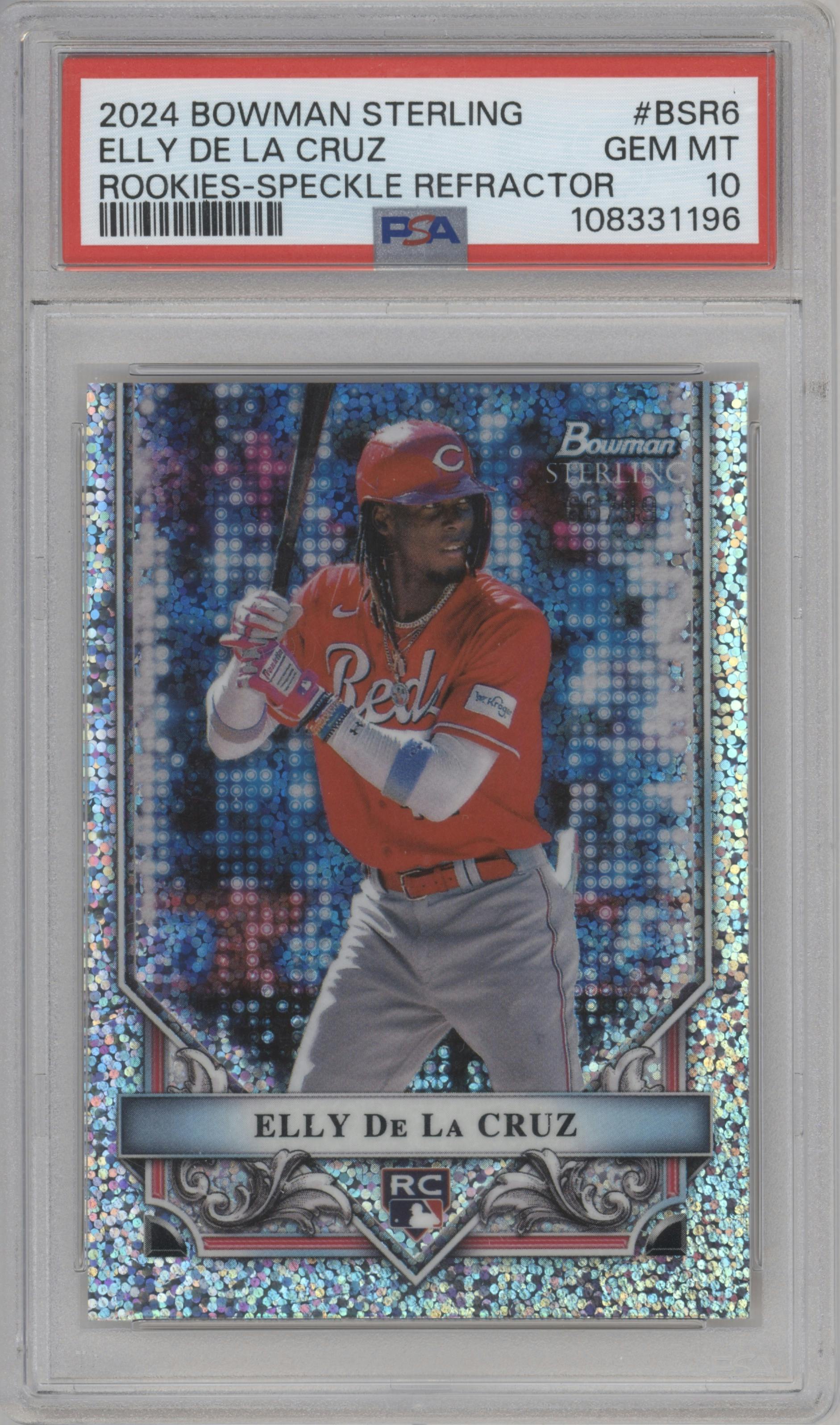Elly De La Cruz from the 2024 Bowman Sterling set featuring a Speckle parallel graded by PSA and given an overall grade of 10.