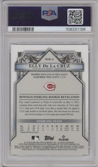 Elly De La Cruz from the 2024 Bowman Sterling set featuring a Speckle parallel graded by PSA and given an overall grade of 10.
