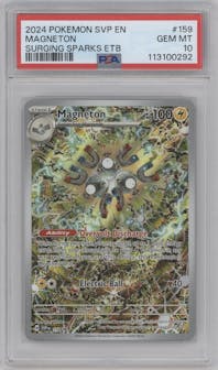 Magneton from the 2024 Pokemon SV set featuring a Surging Sparks Elite Trainer Box parallel graded by PSA and given an overall grade of 10.