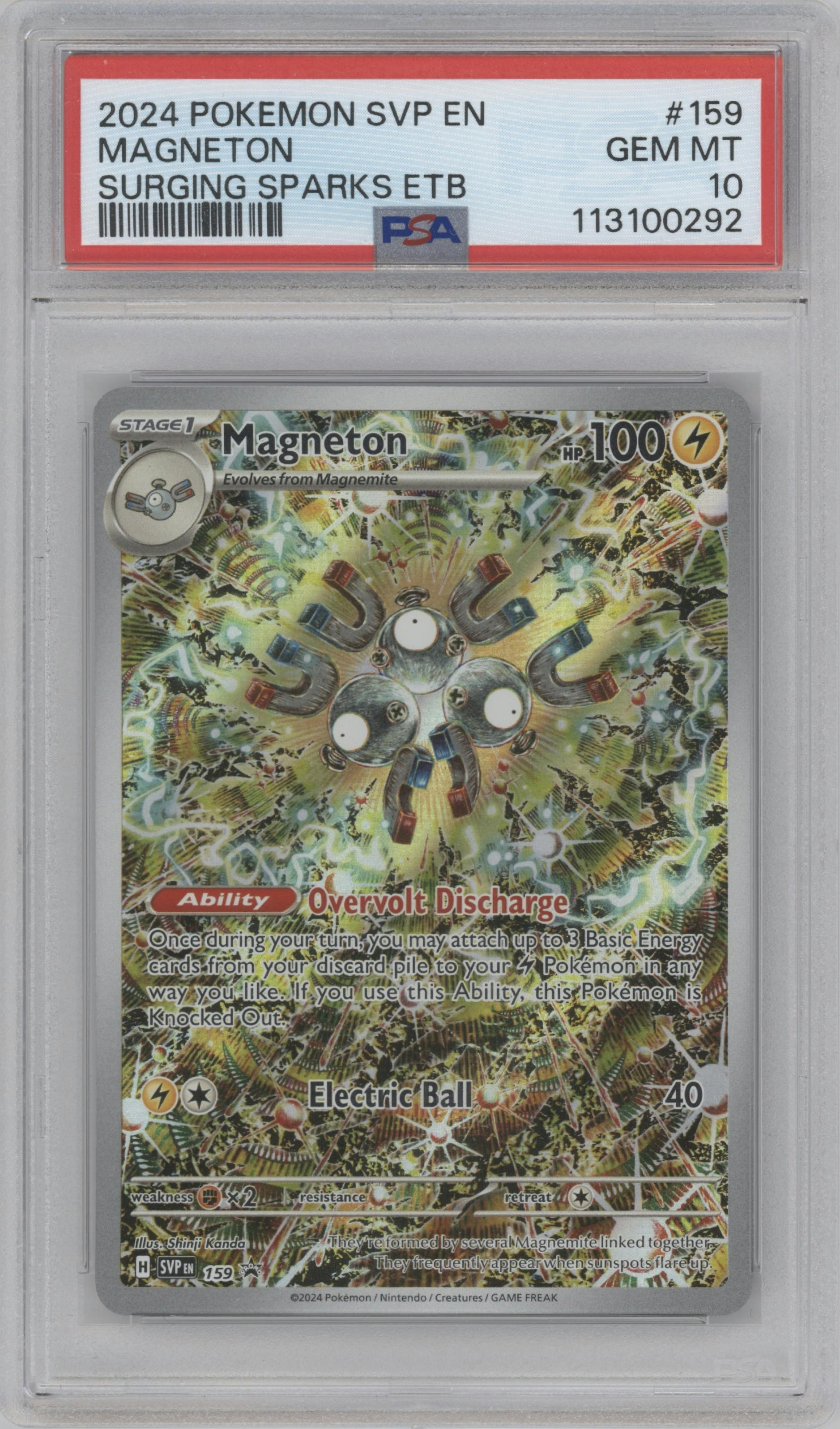 Magneton from the 2024 Pokemon SV set featuring a Surging Sparks Elite Trainer Box parallel graded by PSA and given an overall grade of 10.