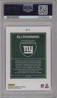 Eli Manning from the 2023 Donruss Optic set graded by PSA and given an overall grade of 10.