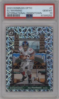 Eli Manning from the 2023 Donruss Optic set graded by PSA and given an overall grade of 10.