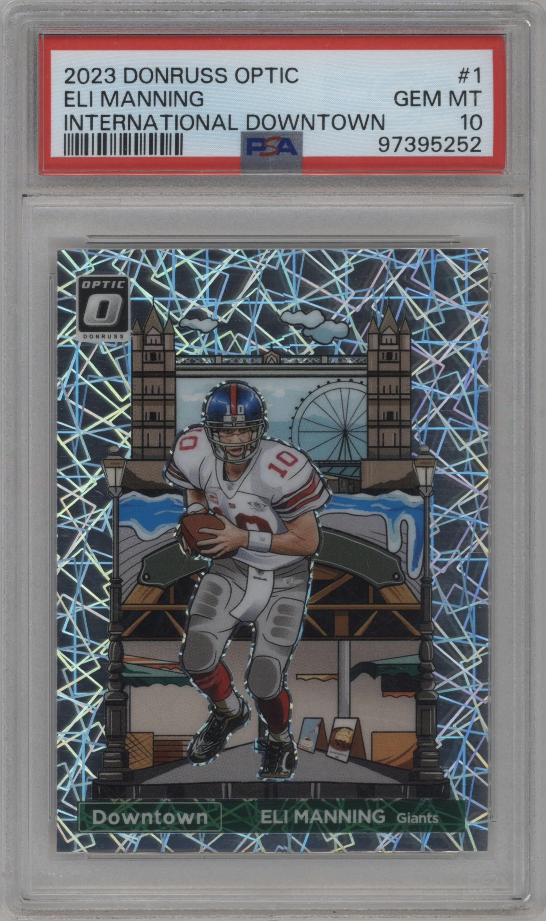 Eli Manning from the 2023 Donruss Optic set graded by PSA and given an overall grade of 10.