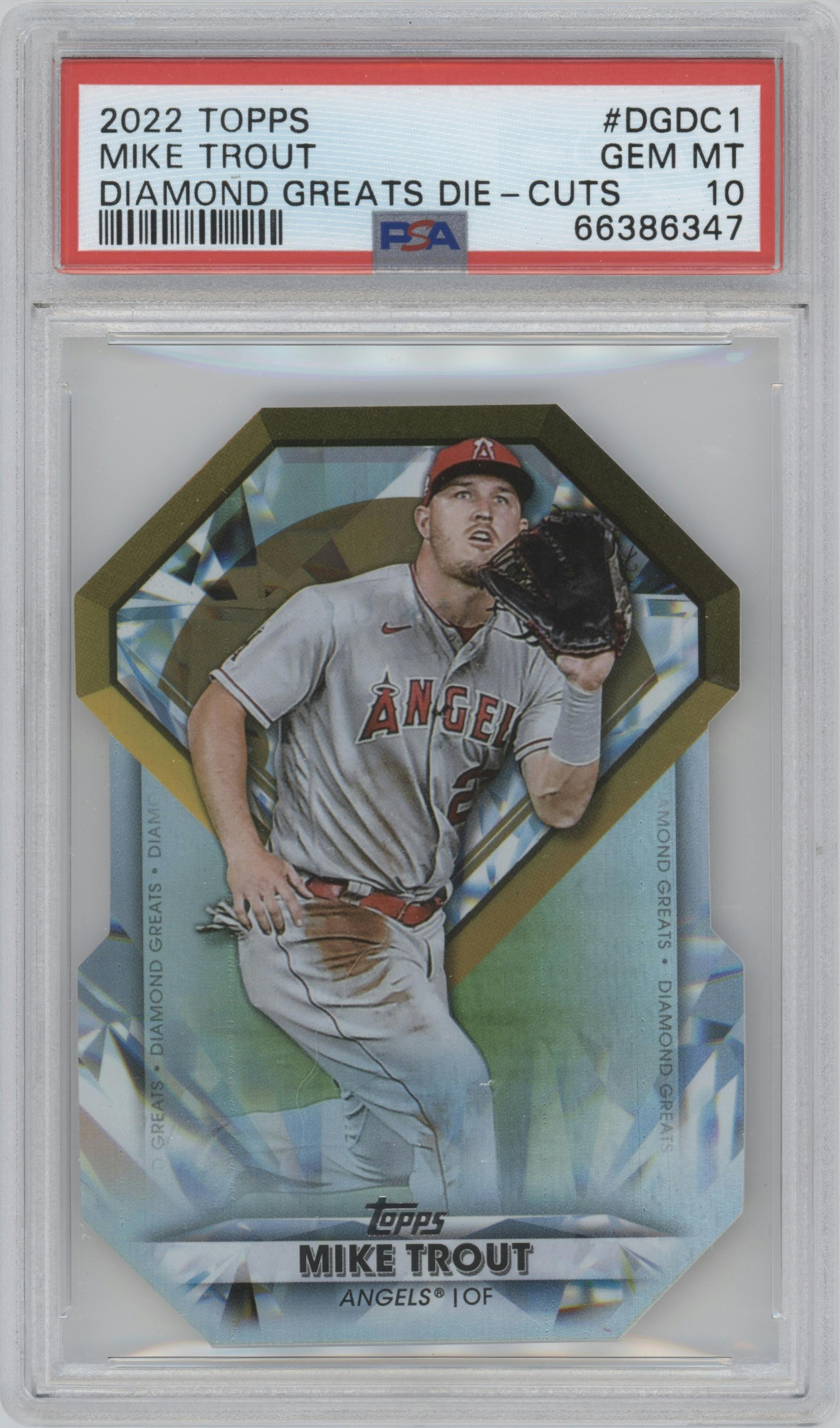 Mike Trout from the 2022 Topps  Series 1 set graded by PSA and given an overall grade of 10.