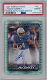 Ladd McConkey  from the 2024 Topps Chrome set featuring a Aqua Sonar Refractor parallel graded by PSA and given an overall grade of 10.