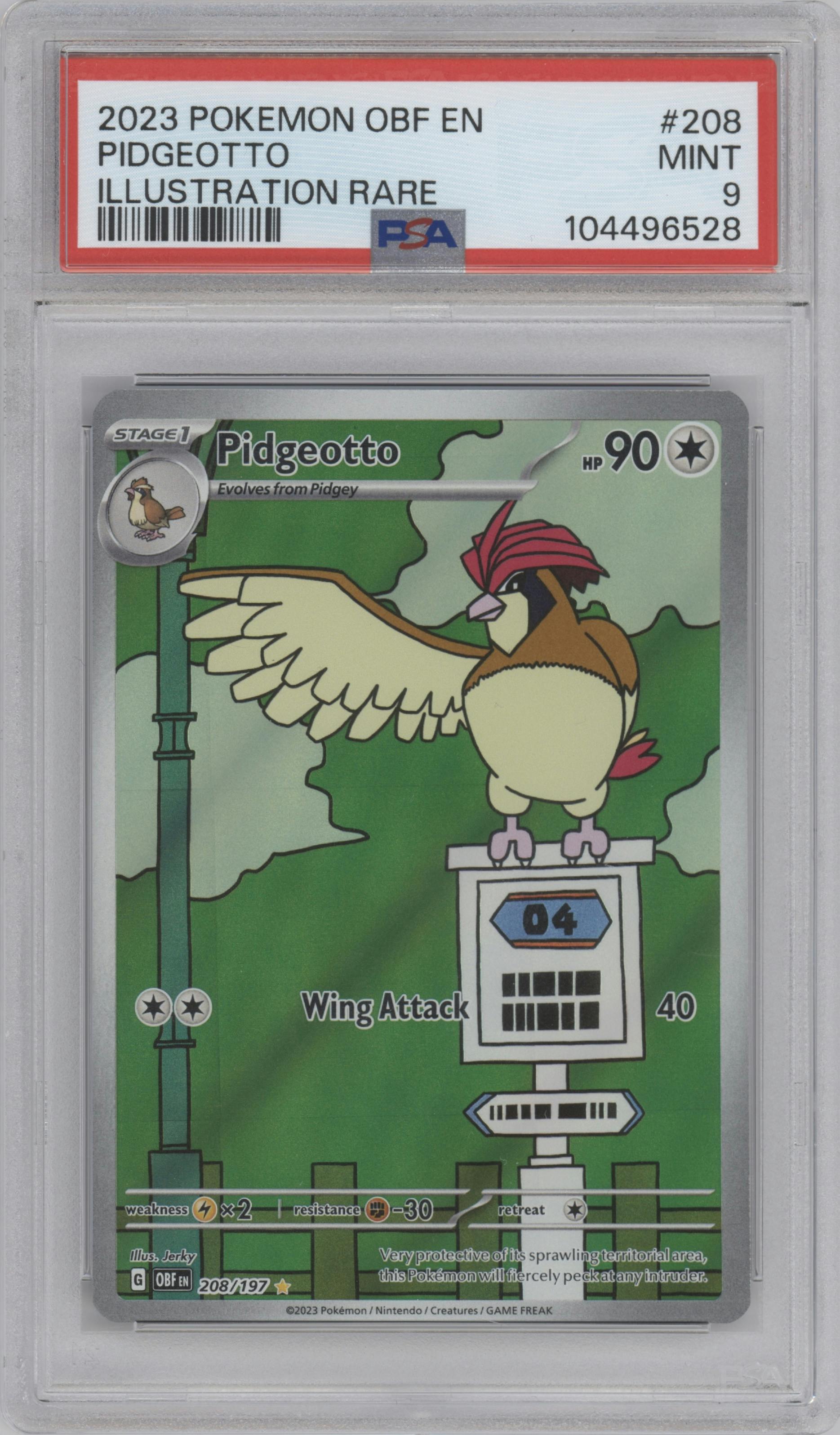 Pidgeotto from the 2023 Pokemon SV set graded by PSA and given an overall grade of 9.