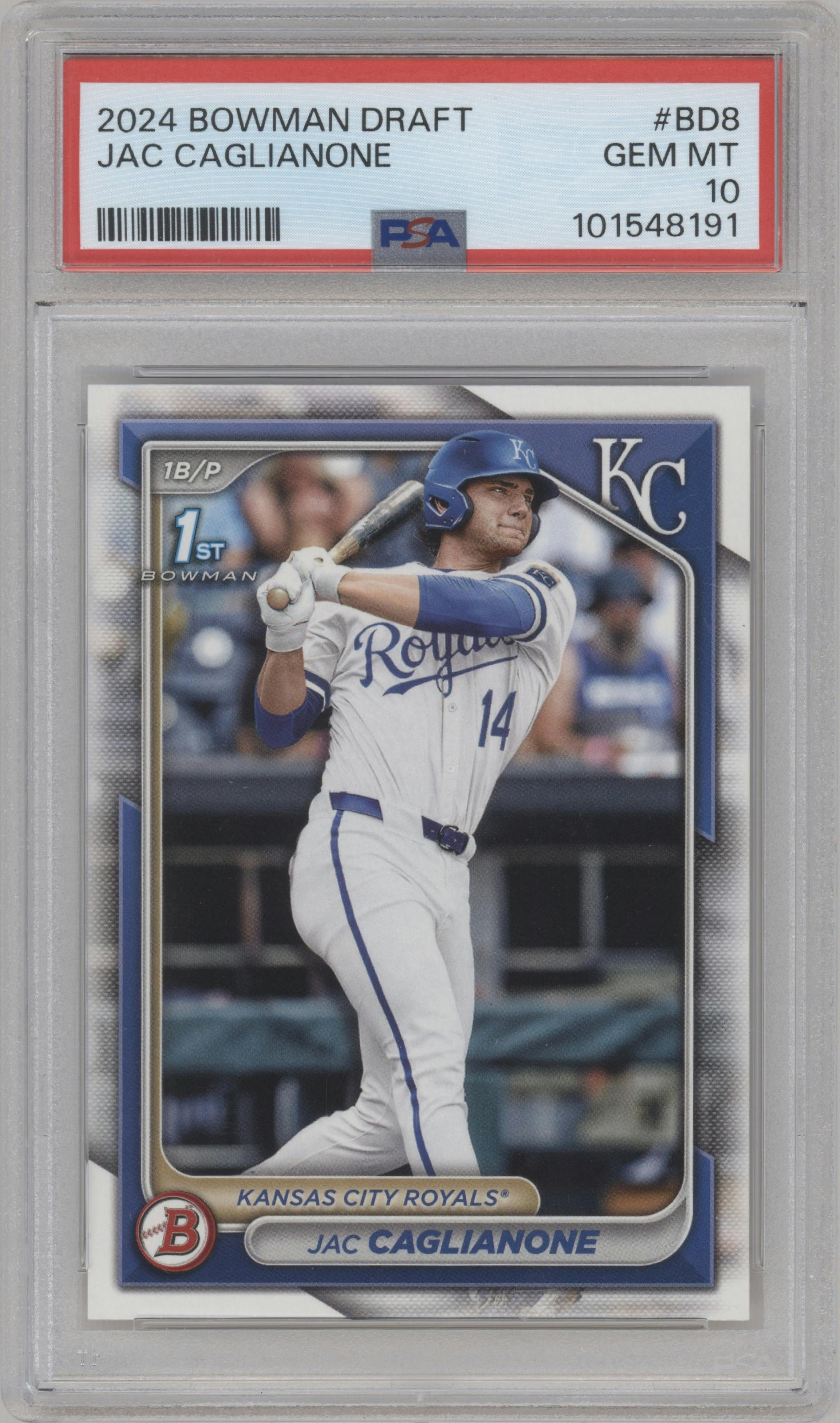 Jac Caglianone  from the 2024 Bowman Draft set graded by PSA and given an overall grade of 10.