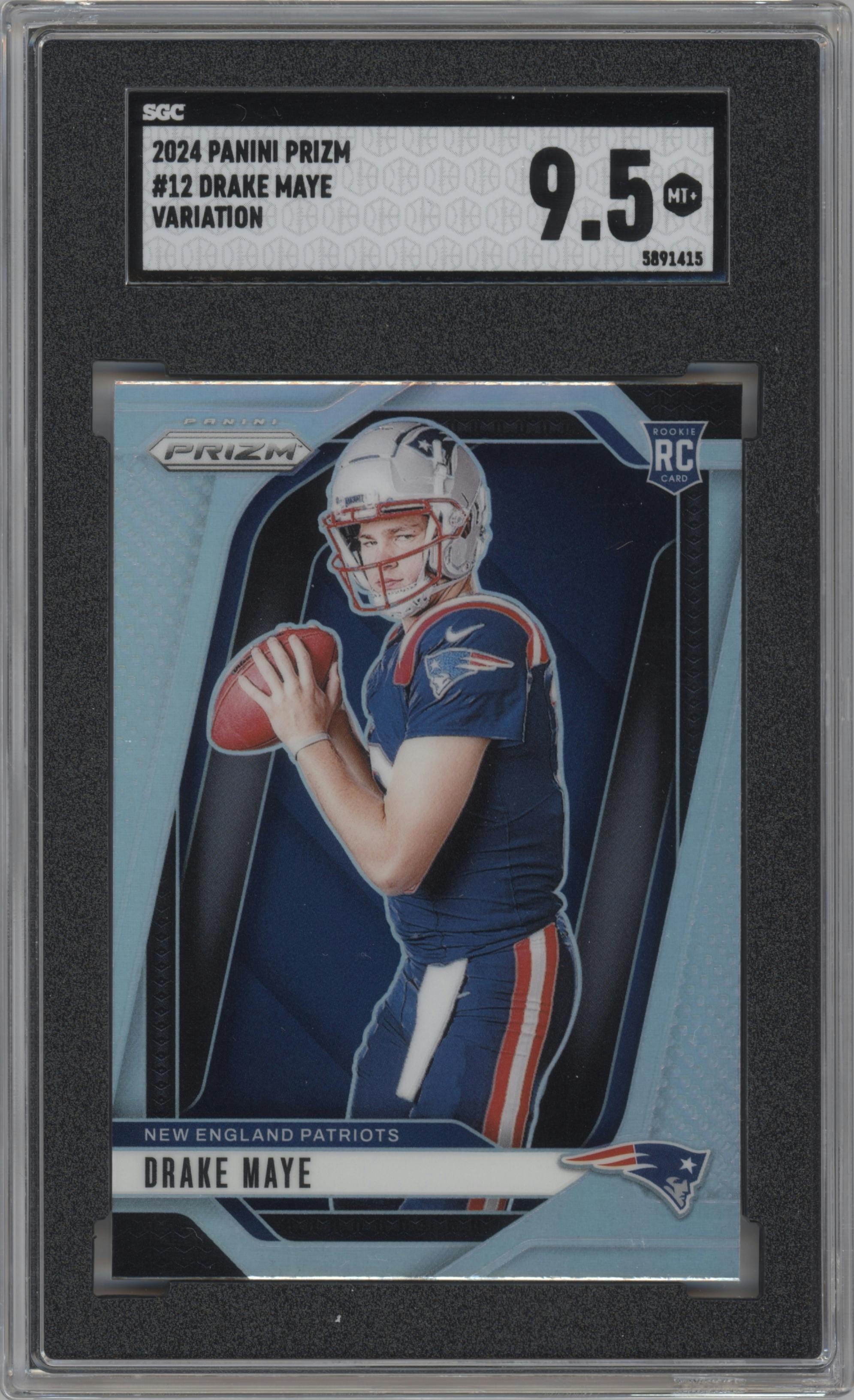 Drake Maye from the 2024 Panini Prizm set graded by SGC and given an overall grade of 9.5.