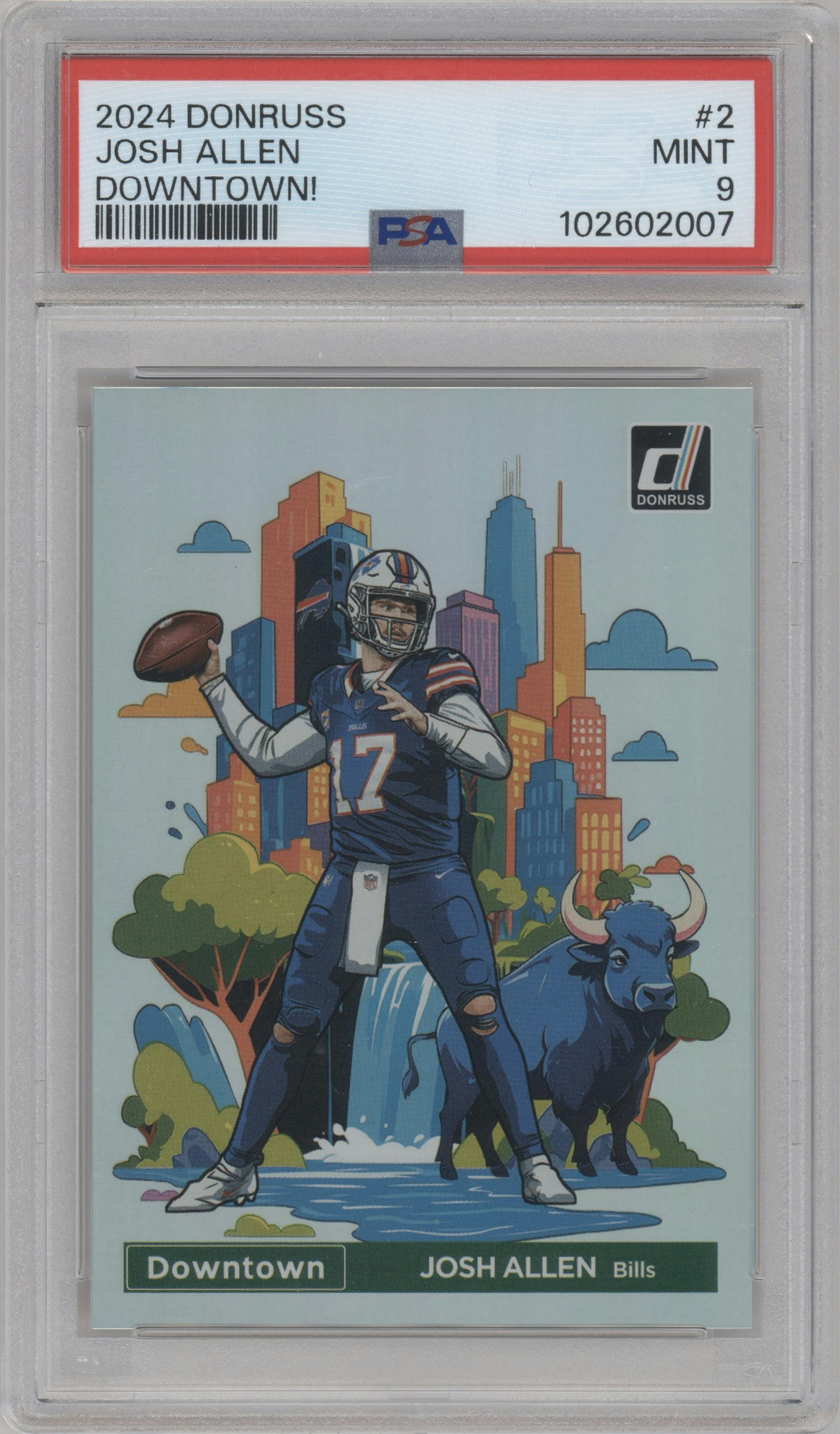 Josh Allen from the 2024 Donruss set graded by PSA and given an overall grade of 9.