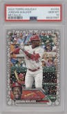 Jordan Walker from the 2023 Topps Holiday set featuring a Metallic parallel graded by PSA and given an overall grade of 10.