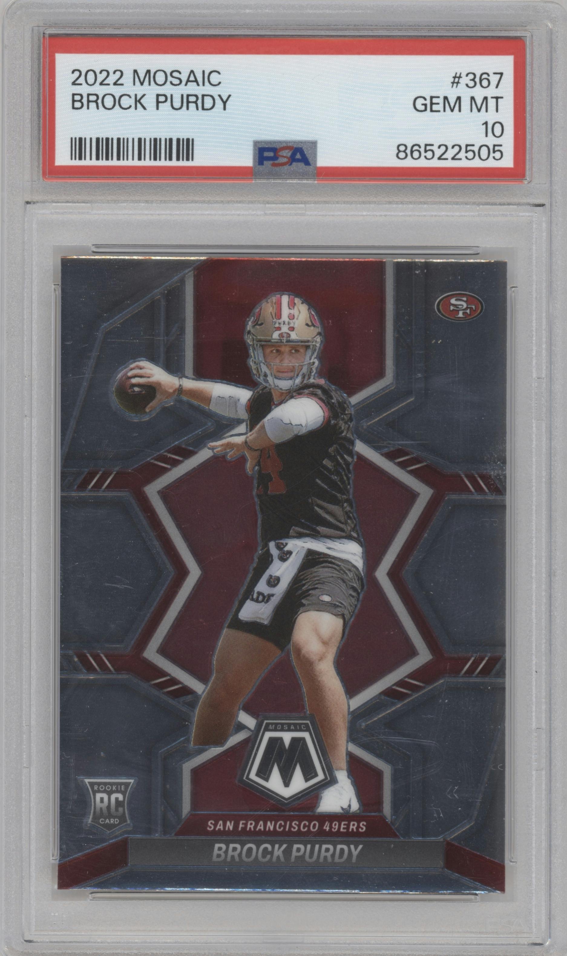 Brock Purdy from the 2022 Panini Mosaic set graded by PSA and given an overall grade of 10.