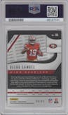 Deebo Samuel from the 2019 Panini Prizm set featuring a Purple Power Prizm parallel graded by PSA and given an overall grade of 9.