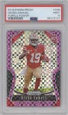 Deebo Samuel from the 2019 Panini Prizm set featuring a Purple Power Prizm parallel graded by PSA and given an overall grade of 9.