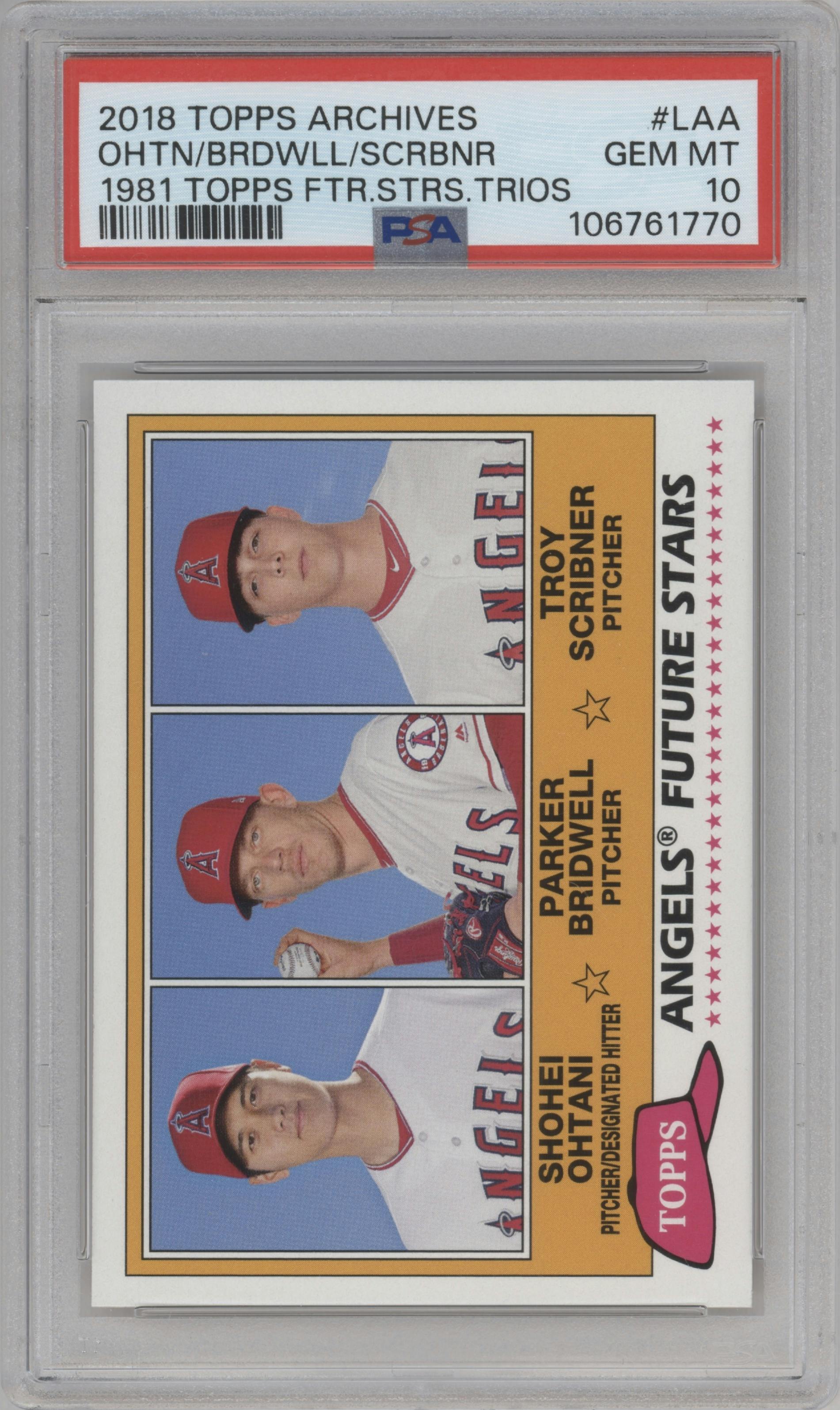Shohei Ohtani/Parker Bridwell/Troy Scribner from the 2018 Topps Archives set graded by PSA and given an overall grade of 10.