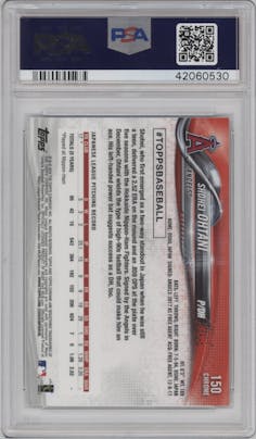 Shohei Ohtani from the 2018 Topps Chrome set featuring a Refractor parallel graded by PSA and given an overall grade of 10.
