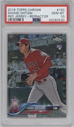 Shohei Ohtani from the 2018 Topps Chrome set featuring a Refractor parallel graded by PSA and given an overall grade of 10.