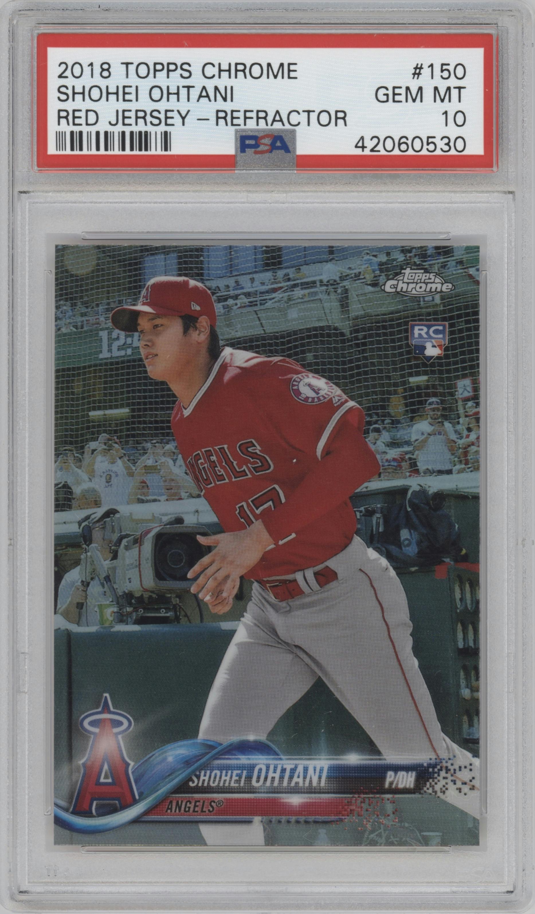 Shohei Ohtani from the 2018 Topps Chrome set featuring a Refractor parallel graded by PSA and given an overall grade of 10.