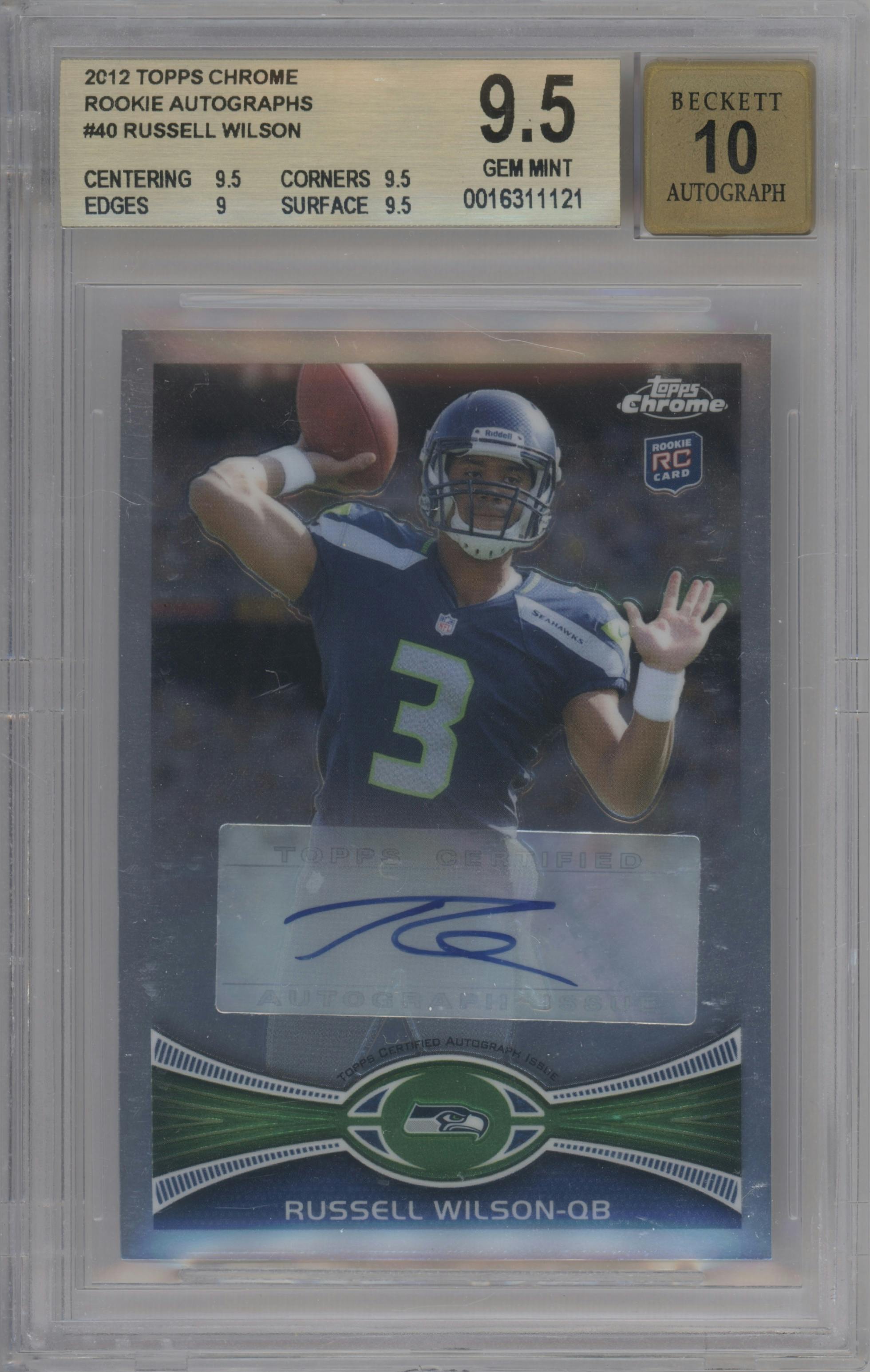 Russell Wilson from the 2012 Topps Chrome set graded by Beckett and given an overall grade of 9.5.