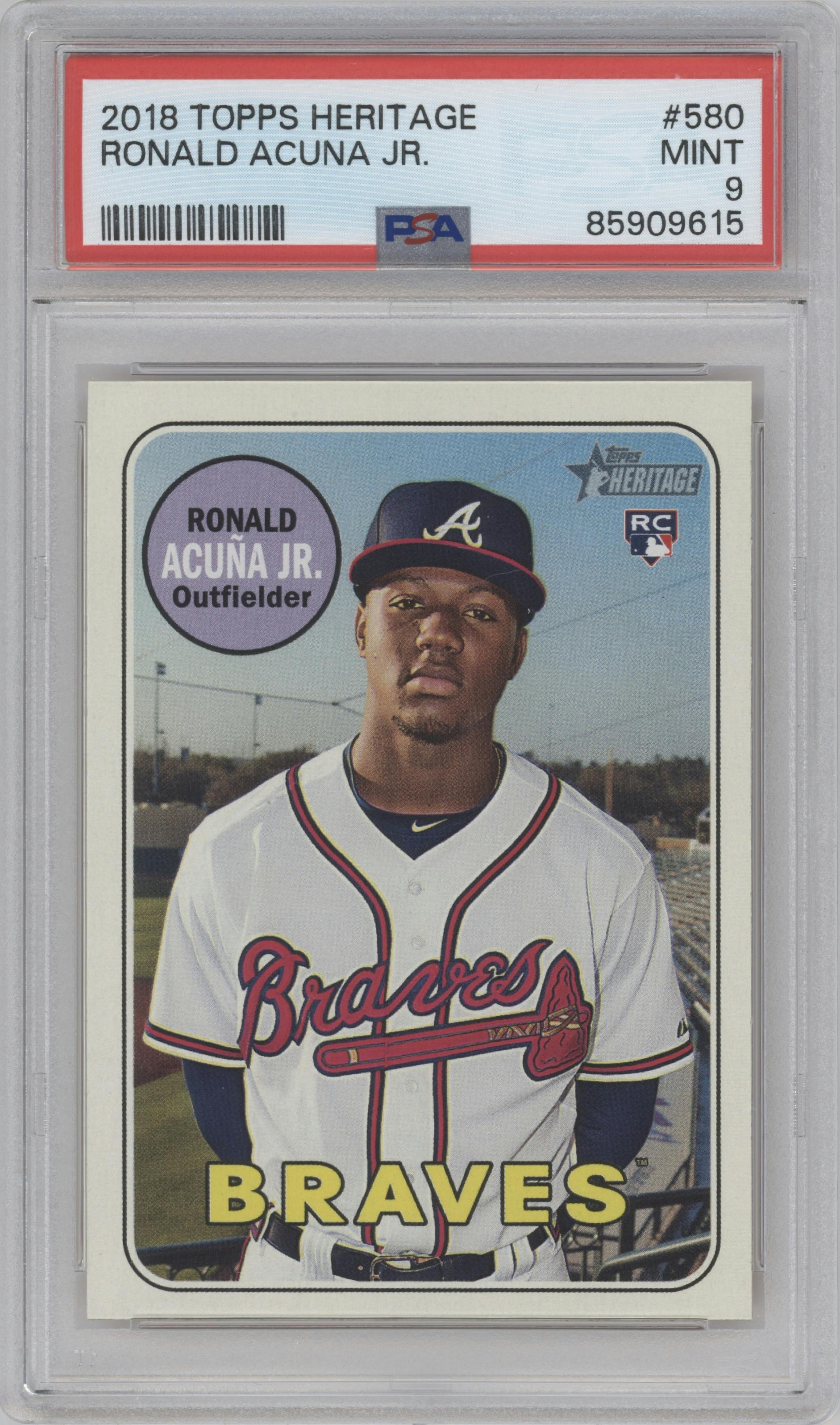 Ronald Acuna Jr. from the 2018 Topps Heritage High Number set graded by PSA and given an overall grade of 9.