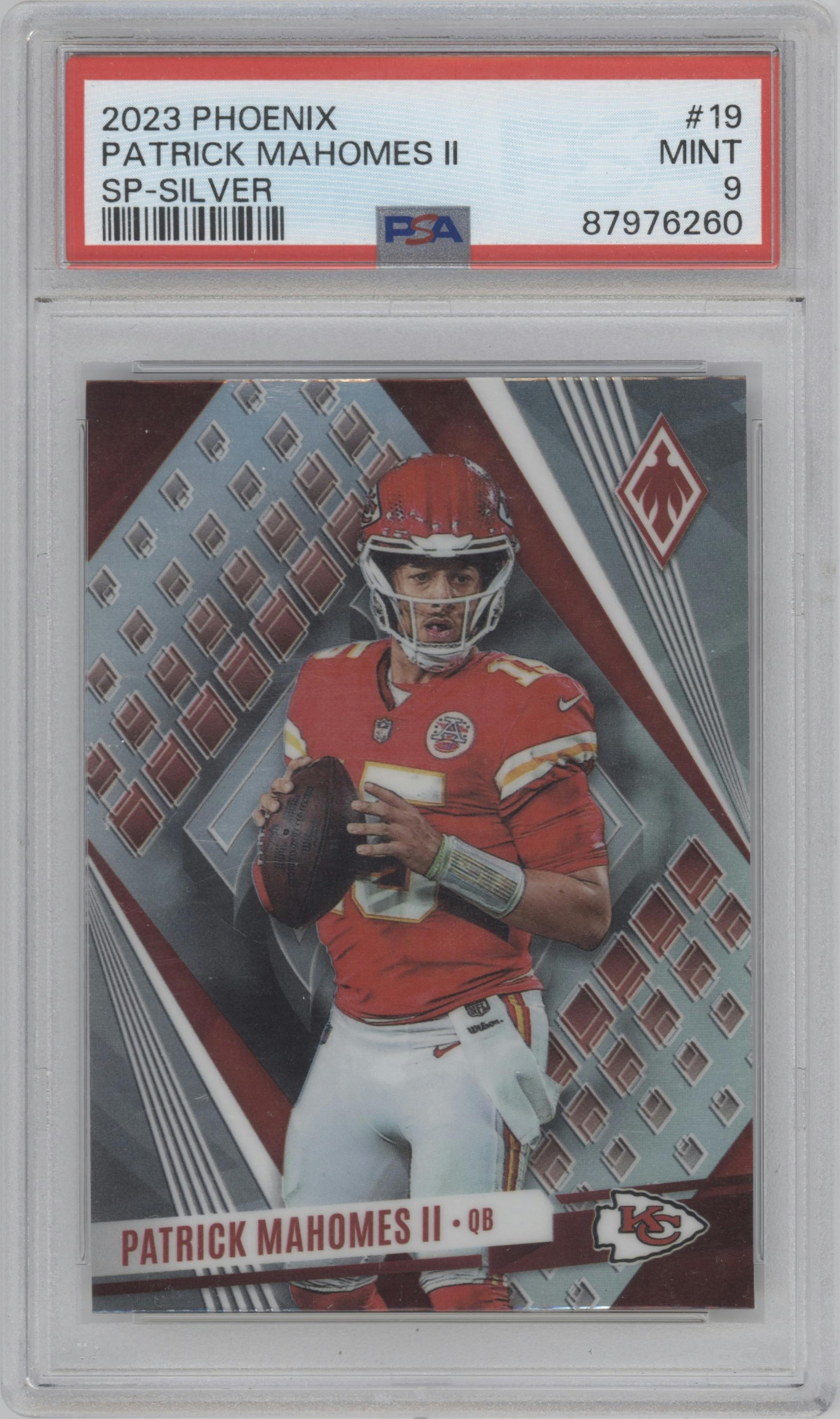 Patrick Mahomes II from the 2023 Panini Phoenix set featuring a Silver parallel graded by PSA and given an overall grade of 9.