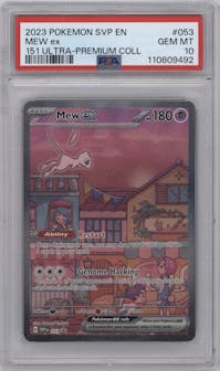 Mew ex from the 2023 Pokemon SV set featuring a Ultra Premium Collection parallel graded by PSA and given an overall grade of 10.