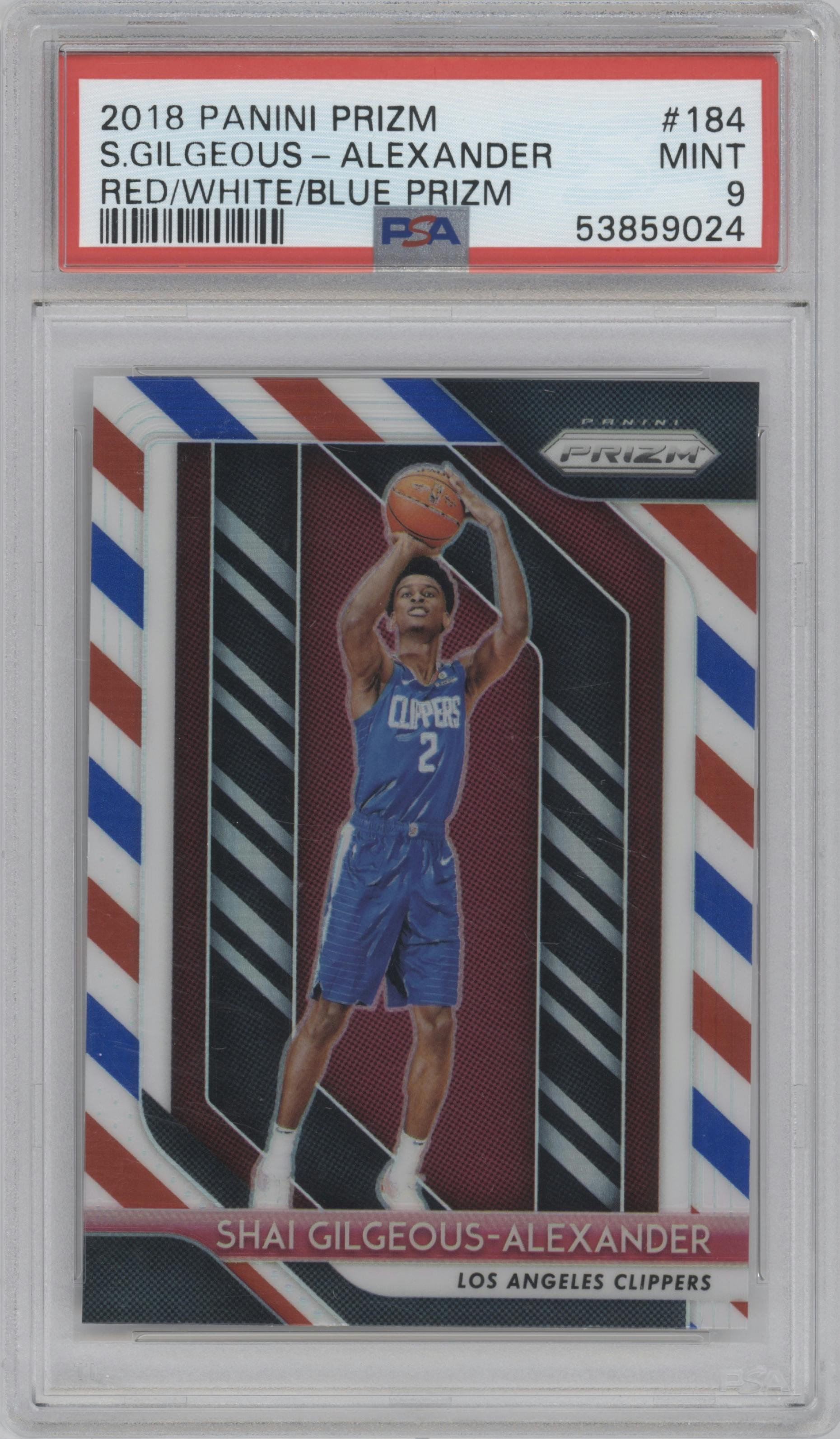 Shai Gilgeous-Alexander from the 2018-19 Panini Prizm set featuring a Red White Blue Prizm parallel graded by PSA and given an overall grade of 9.