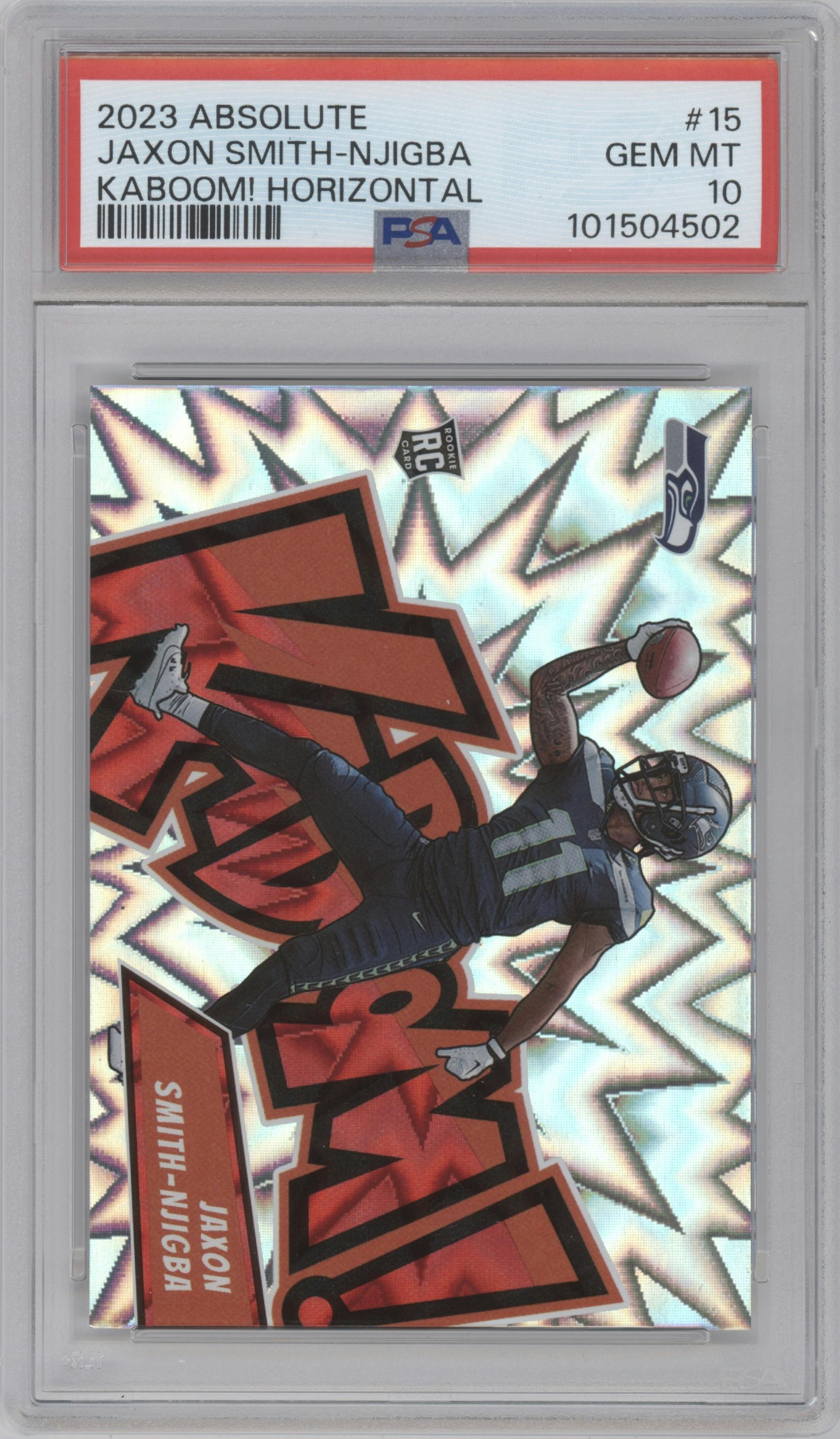 Jaxon Smith-Njigba from the 2023 Panini Absolute set graded by PSA and given an overall grade of 10.