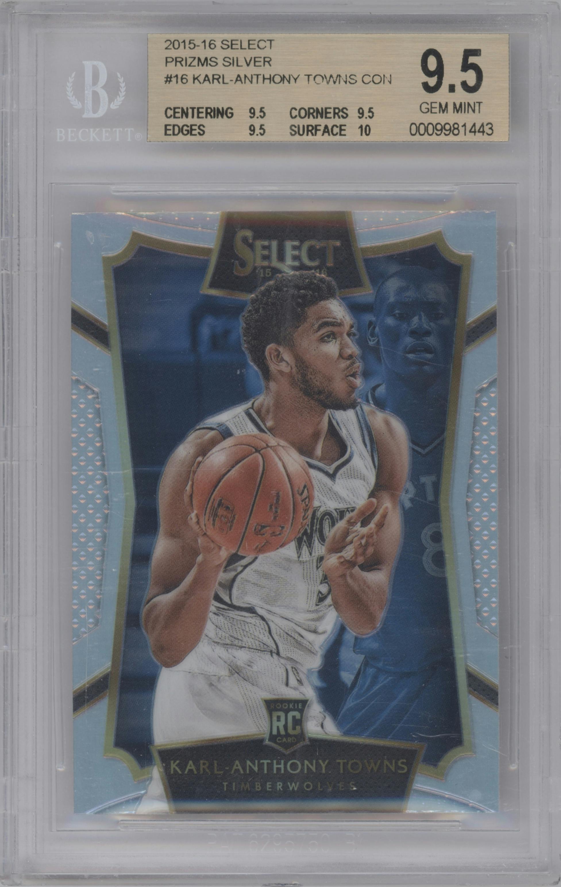 Karl-Anthony Towns from the 2015-16 Panini Select  set featuring a Silver Prizm parallel graded by Beckett and given an overall grade of 9.5.