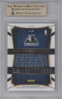Karl-Anthony Towns from the 2015-16 Panini Select  set featuring a Silver Prizm parallel graded by Beckett and given an overall grade of 9.5.