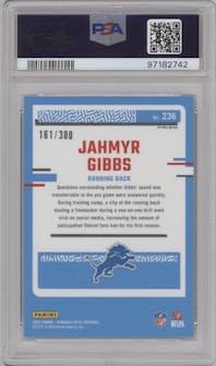 Jahmyr Gibbs from the 2023 Donruss Optic set featuring a Wave parallel graded by PSA and given an overall grade of 10.