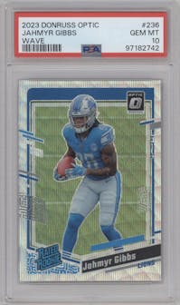 Jahmyr Gibbs from the 2023 Donruss Optic set featuring a Wave parallel graded by PSA and given an overall grade of 10.