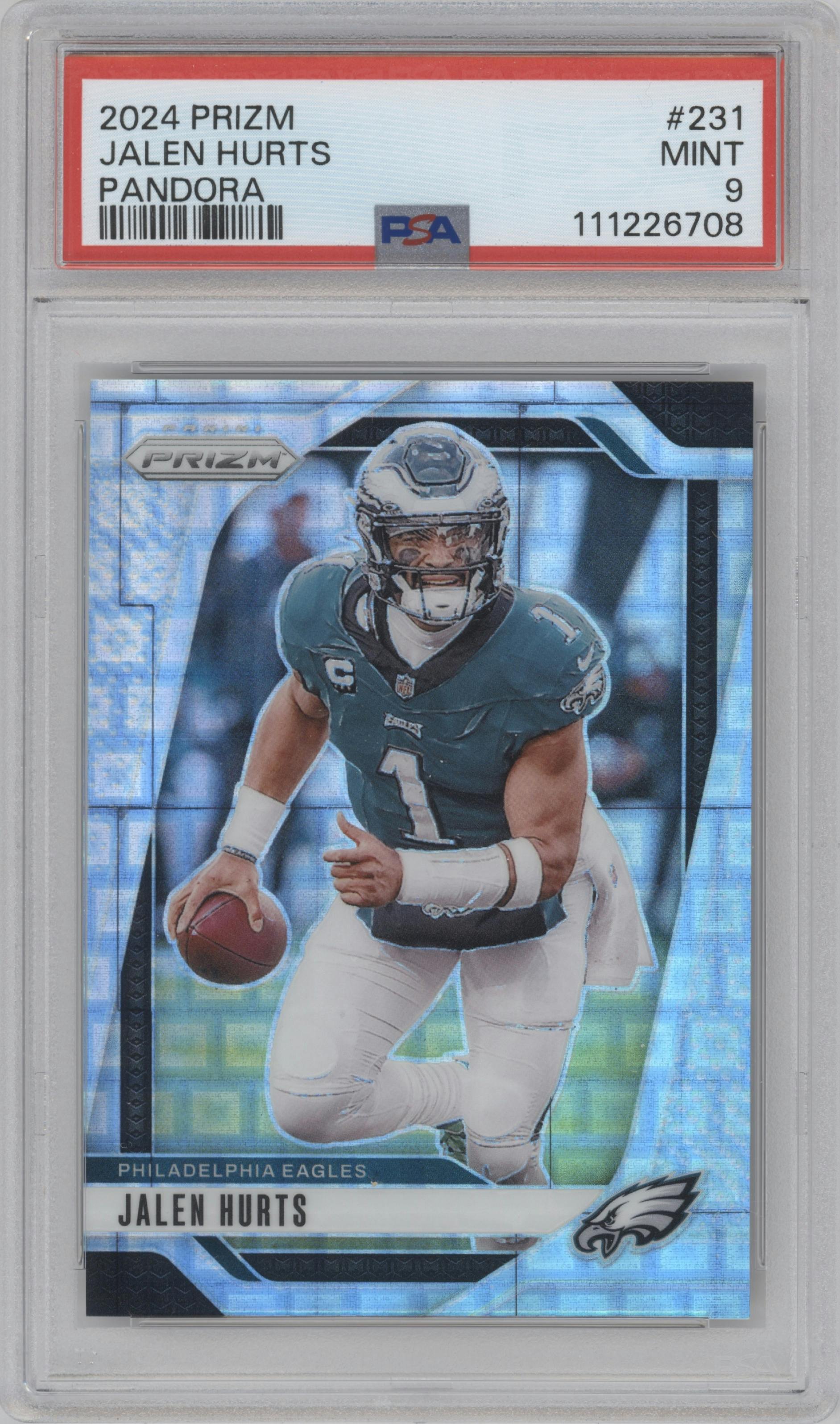 Jalen Hurts from the 2024 Panini Prizm set featuring a Pandora parallel graded by PSA and given an overall grade of 9.