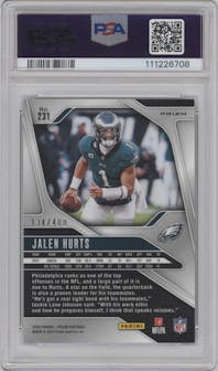 Jalen Hurts from the 2024 Panini Prizm set featuring a Pandora parallel graded by PSA and given an overall grade of 9.
