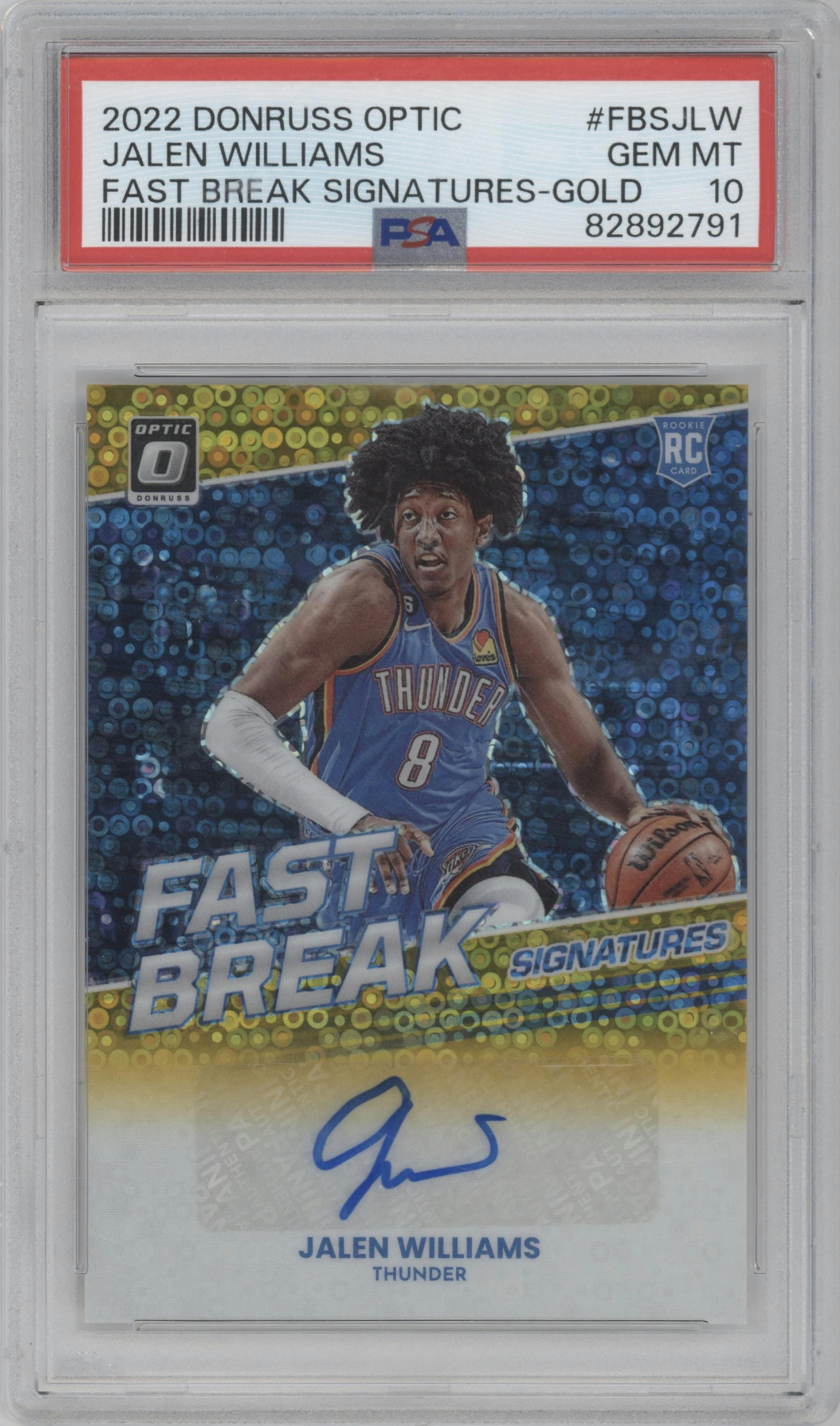 Jalen Williams from the 2022-23 Panini Donruss Optic  set featuring a Gold parallel graded by PSA and given an overall grade of 10.