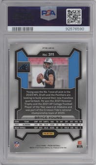 Bryce Young from the 2023 Panini Prizm set featuring a Purple Pulsar parallel graded by PSA and given an overall grade of 10.