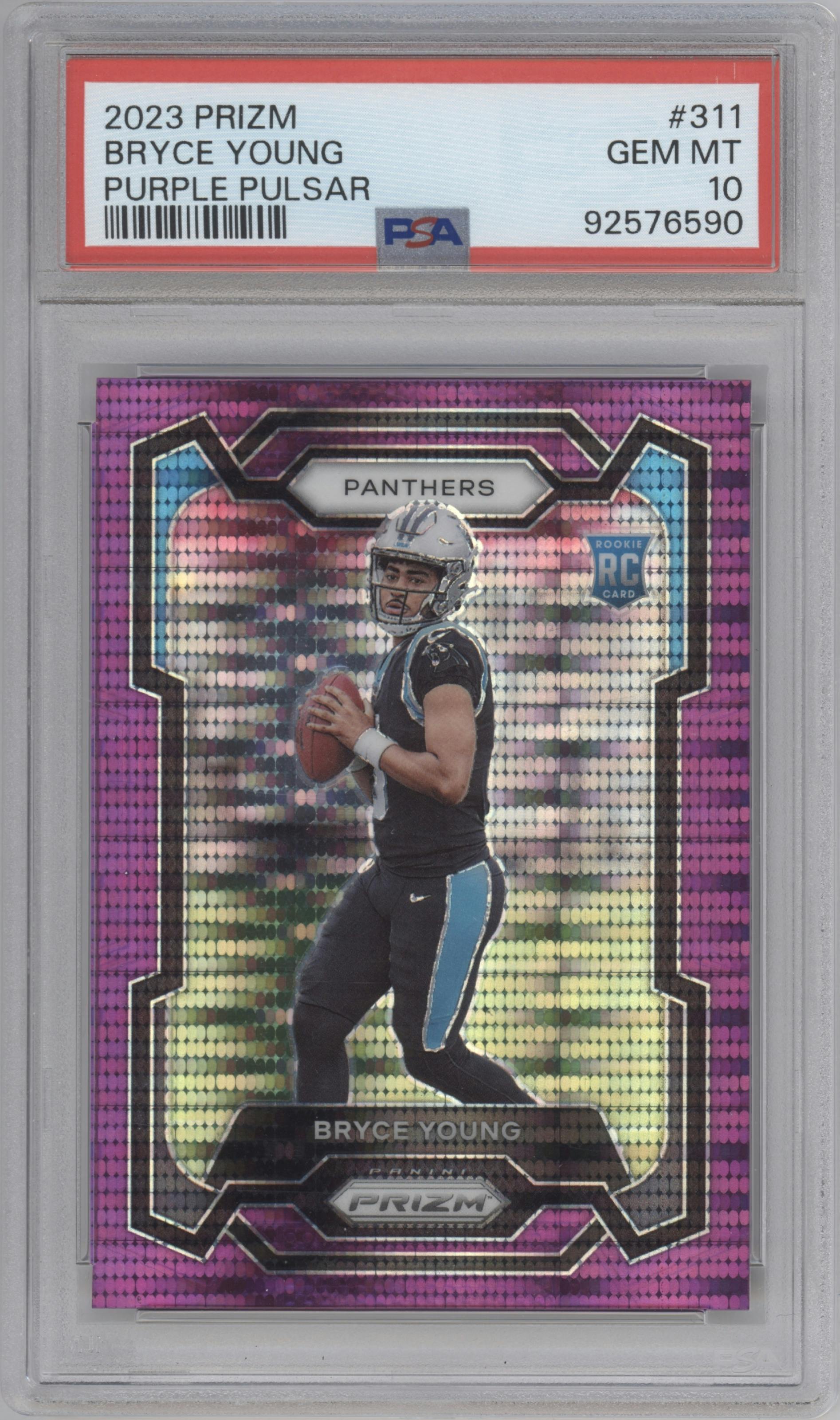 Bryce Young from the 2023 Panini Prizm set featuring a Purple Pulsar parallel graded by PSA and given an overall grade of 10.