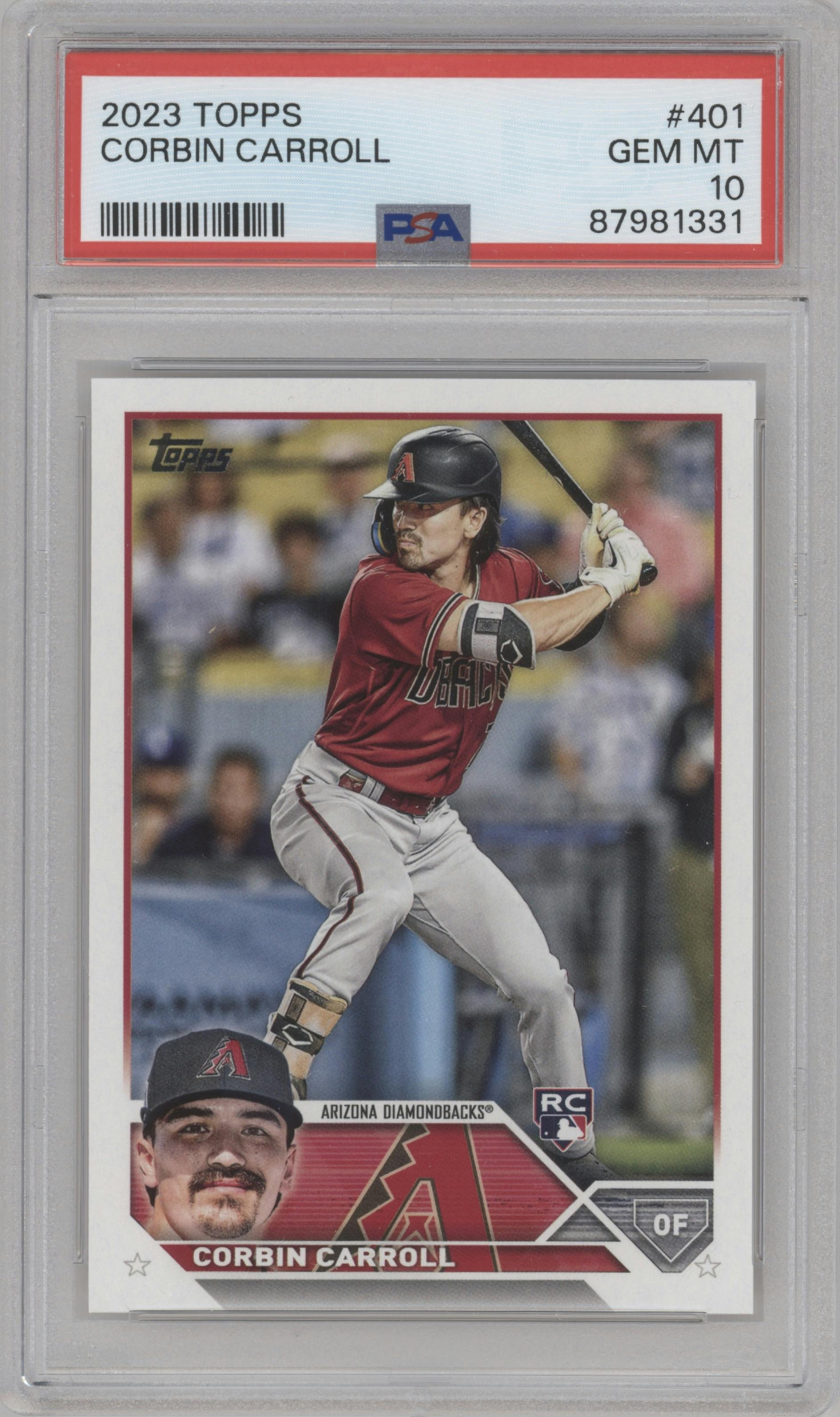 Corbin Carroll from the 2023 Topps Series 2 set graded by PSA and given an overall grade of 10.