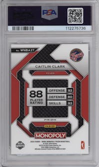 Caitlin Clark from the 2024 Panini Prizm Monopoly WNBA set featuring a Silver Prizm parallel graded by PSA and given an overall grade of 10.