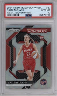 Caitlin Clark from the 2024 Panini Prizm Monopoly WNBA set featuring a Silver Prizm parallel graded by PSA and given an overall grade of 10.