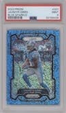 Jahmyr Gibbs from the 2023 Panini Prizm set featuring a Blue Sparkle parallel graded by PSA and given an overall grade of 9.