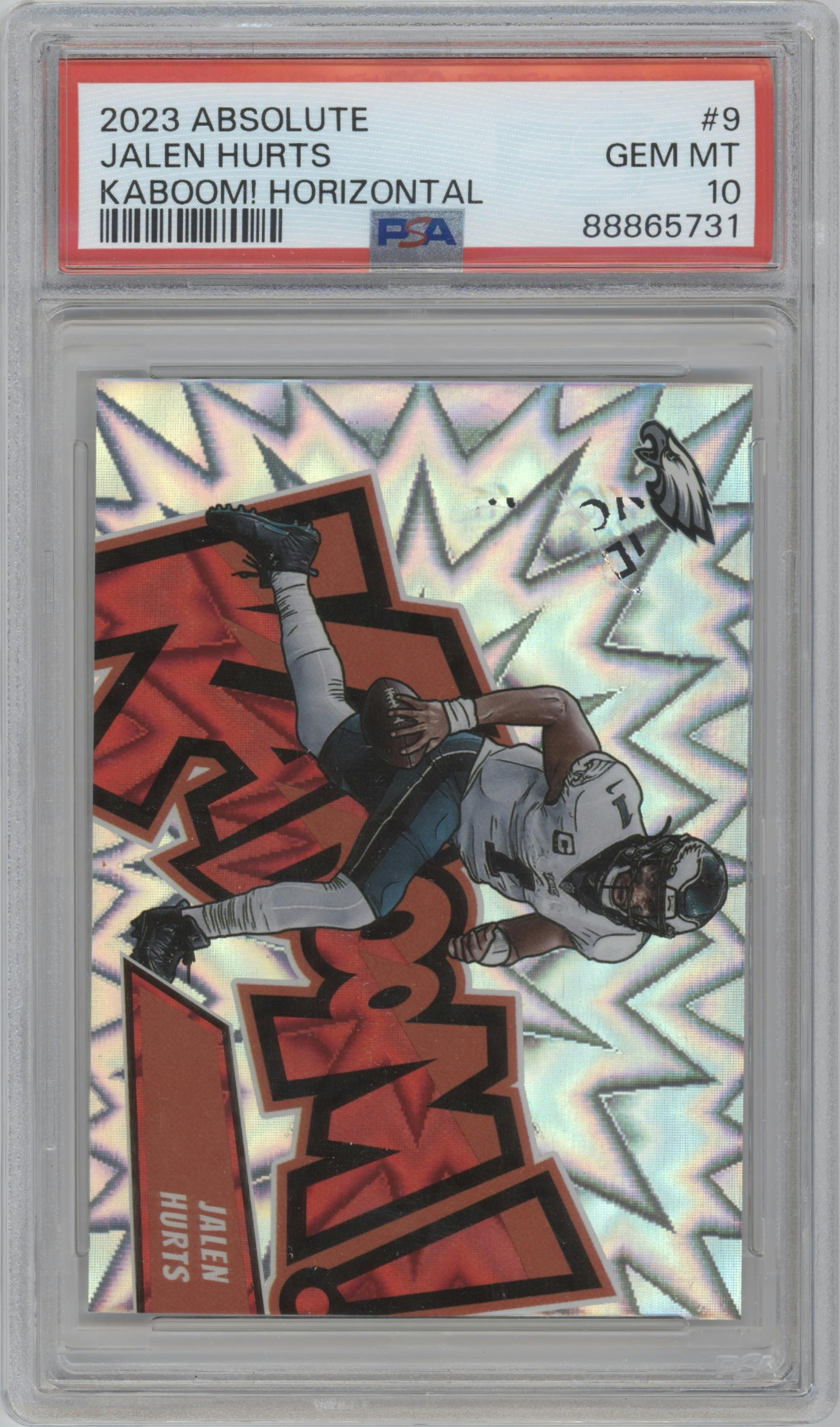 Jalen Hurts from the 2023 Panini Absolute set graded by PSA and given an overall grade of 10.