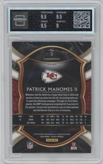 Patrick Mahomes II from the 2020 Panini Select set featuring a Silver Prizm parallel graded by Arena Club and given an overall grade of 9.5.