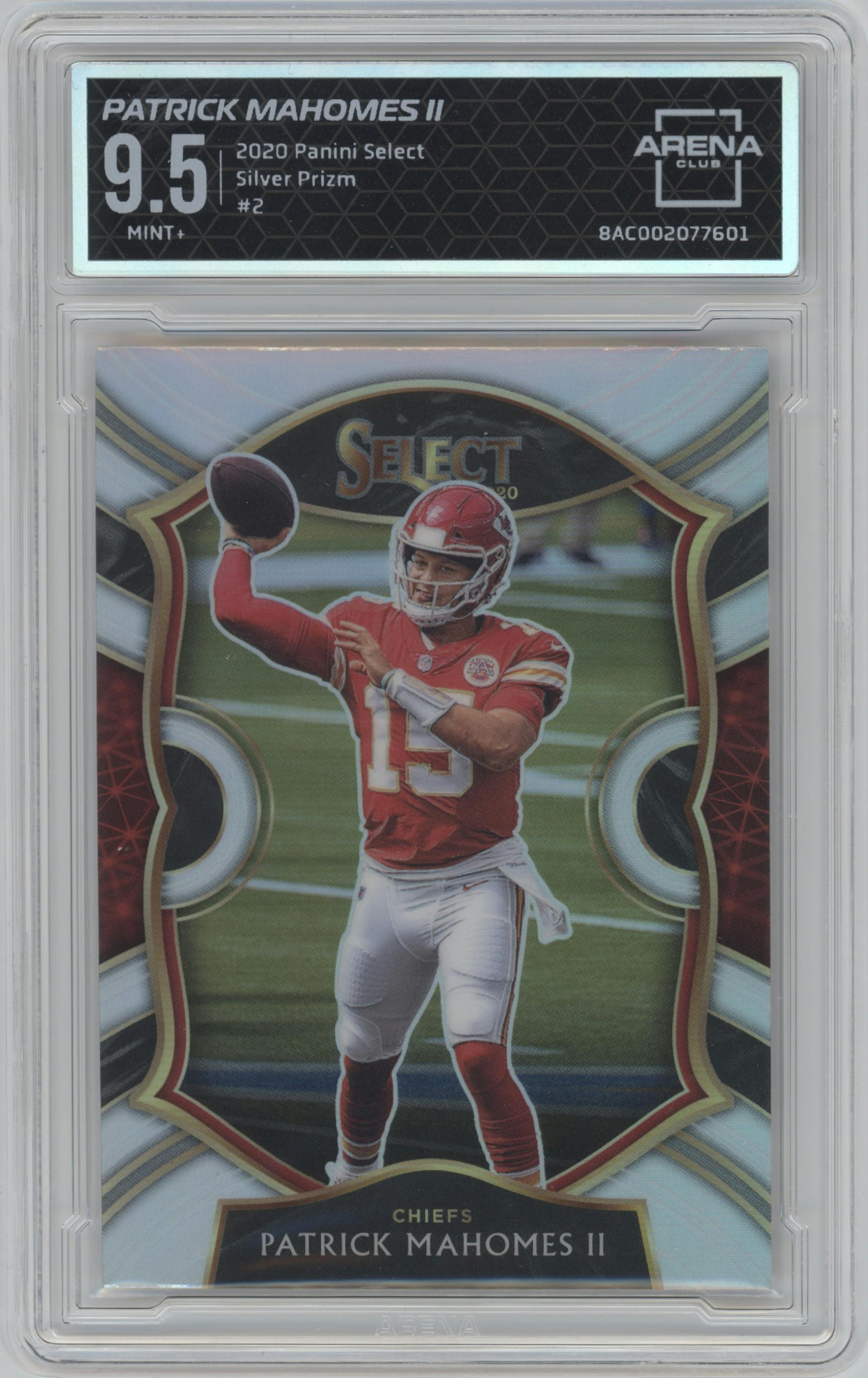 Patrick Mahomes II from the 2020 Panini Select set featuring a Silver Prizm parallel graded by Arena Club and given an overall grade of 9.5.