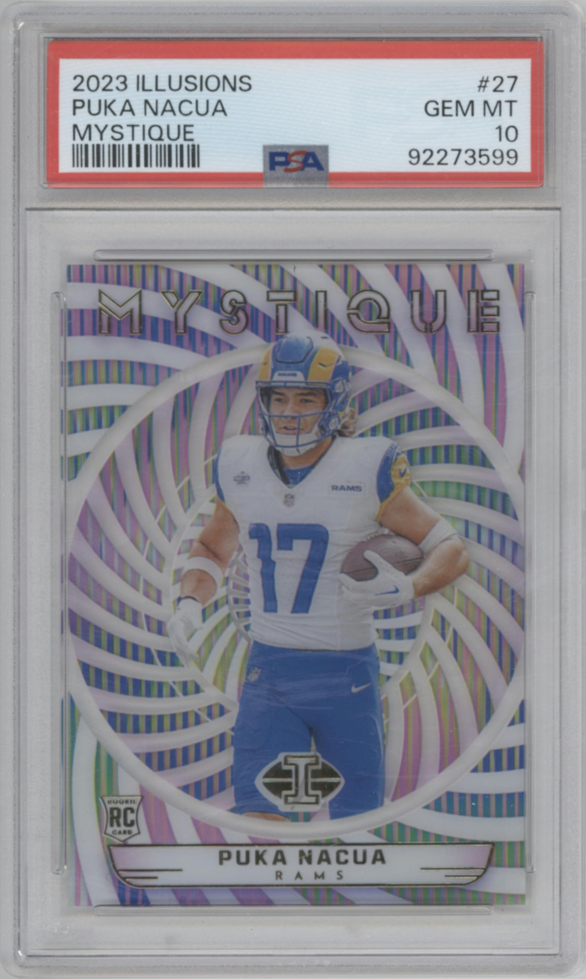 Puka Nacua from the 2023 Panini Illusions set graded by PSA and given an overall grade of 10.