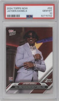 Jayden Daniels from the 2024 Topps Now set graded by PSA and given an overall grade of 10.