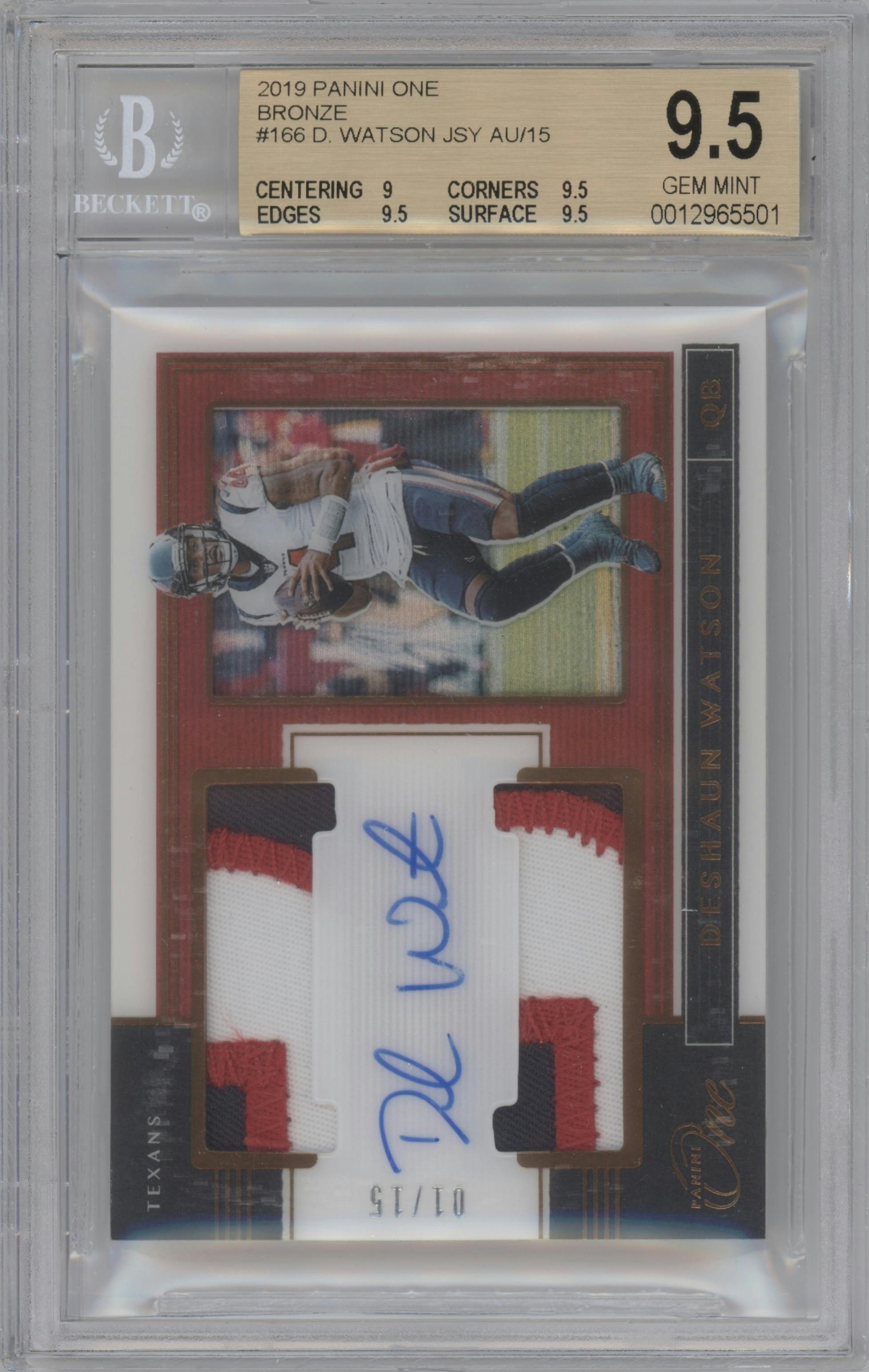 Deshaun Watson from the 2020 Panini One set featuring a Bronze parallel graded by Beckett and given an overall grade of 9.5.