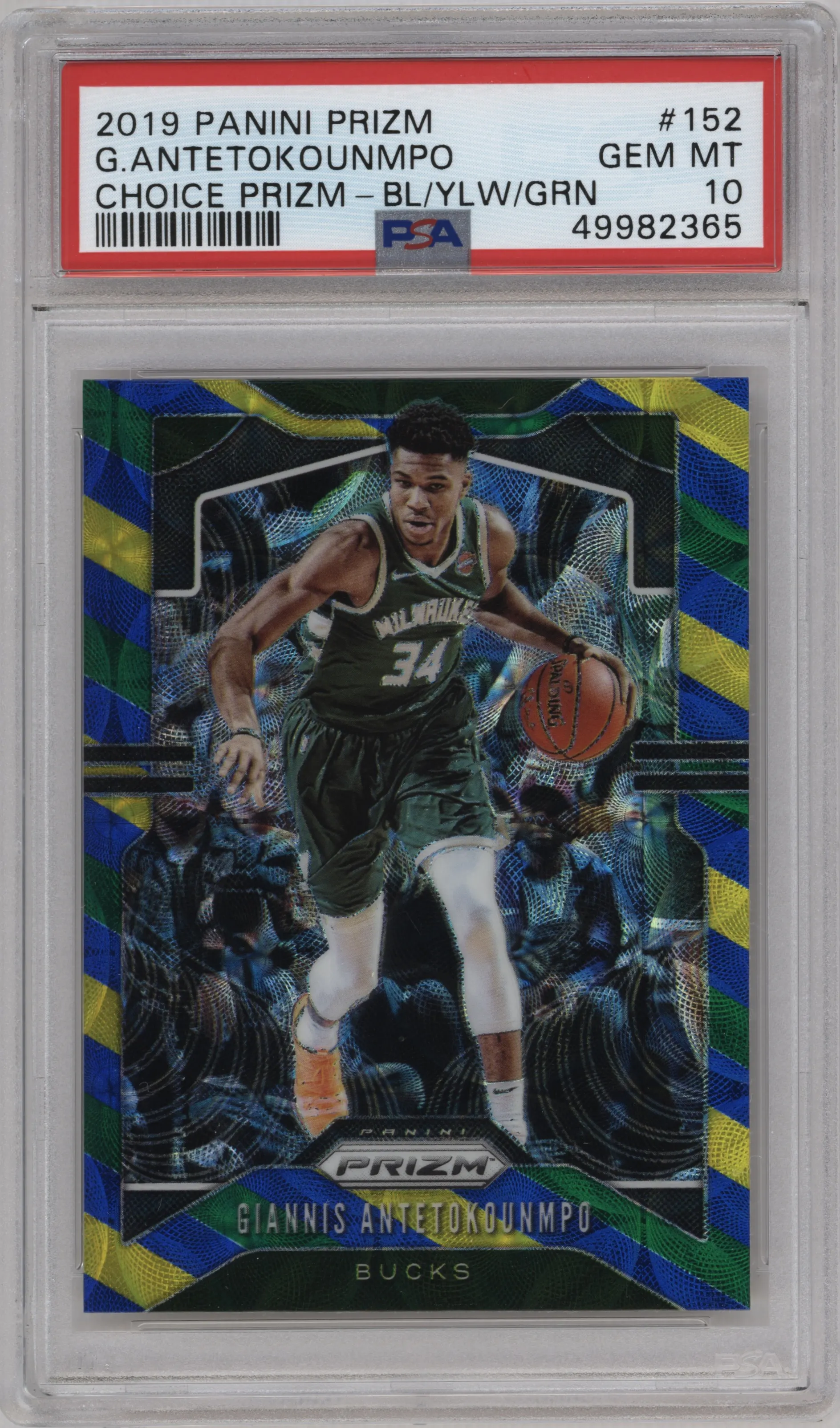 2019 Panini Prizm Giannis Antetokounmpo Choice Blue/Yellow/Green #152 PSA 10