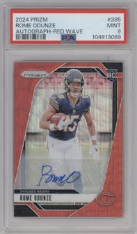 Rome Odunze from the 2024 Panini Prizm set featuring a Red Wave parallel graded by PSA and given an overall grade of 9.